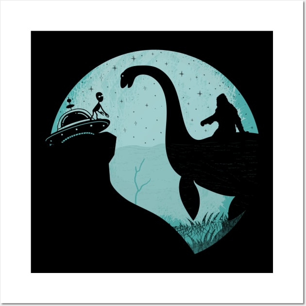 Bigfoot Riding Lochn Ness Monster, Sasquatch Ufo Nessie Alien Wall Art by Tesszero